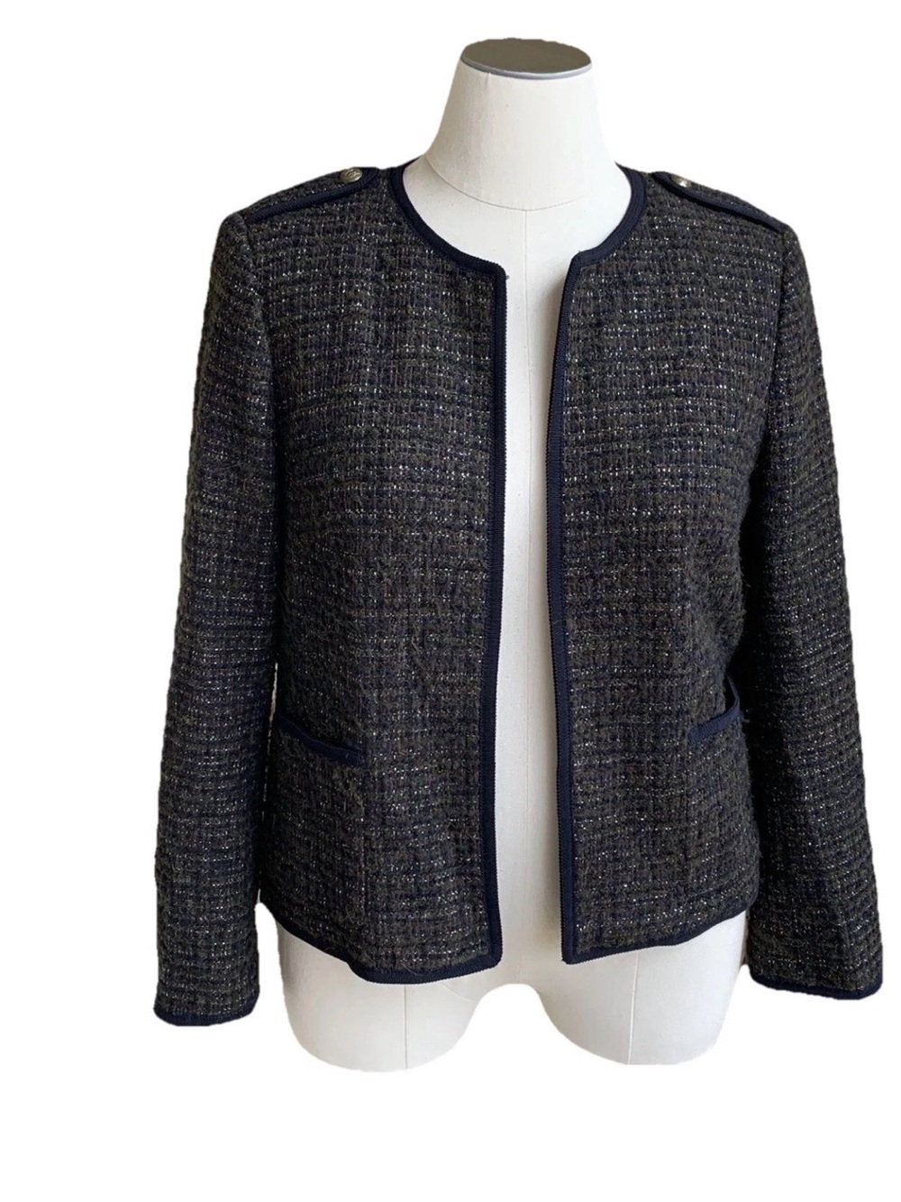 Talbots Italian Wool Alpaca Blend Blazer 16 Olive Navy Tweed Military Jacket